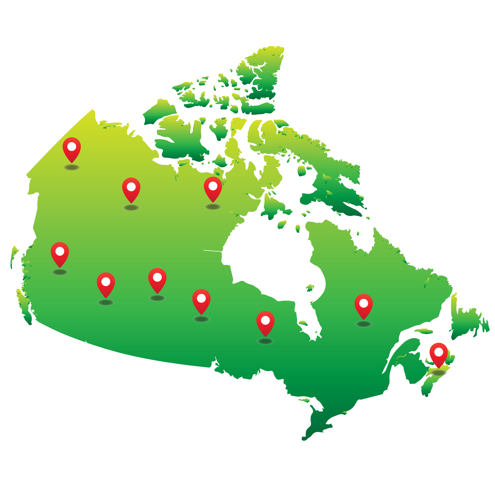Pins on a map of Canada representing geotargeting.