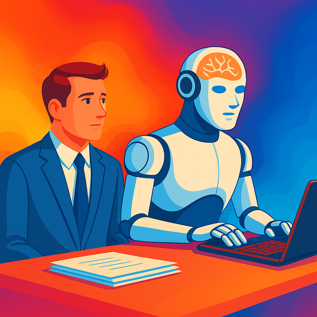 animated image of a male and robot sitting at desk with robot on a laptop and male looking over
