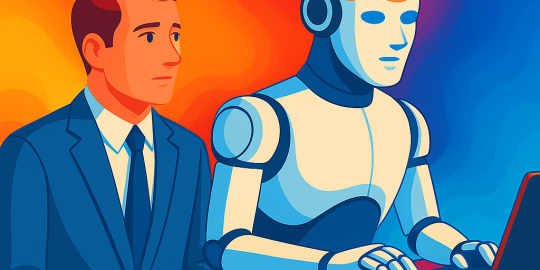 animated image of a male and robot sitting at desk with robot on a laptop and male looking over