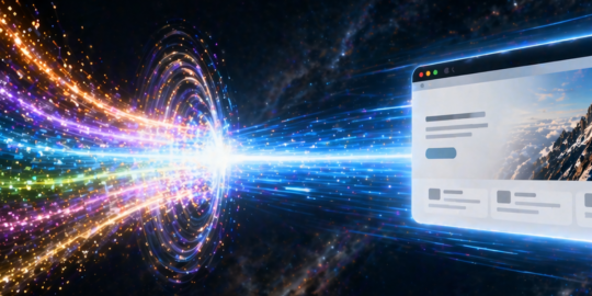 Bright multicolored light trails stream from left toward a floating web browser window, symbolizing data transfer in space.